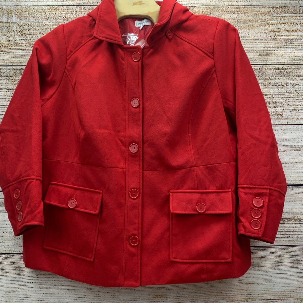 Avenue Red Wool Blend Hooded Coat‎ Button Front Pockets Plus [Size 26/28] NWT
